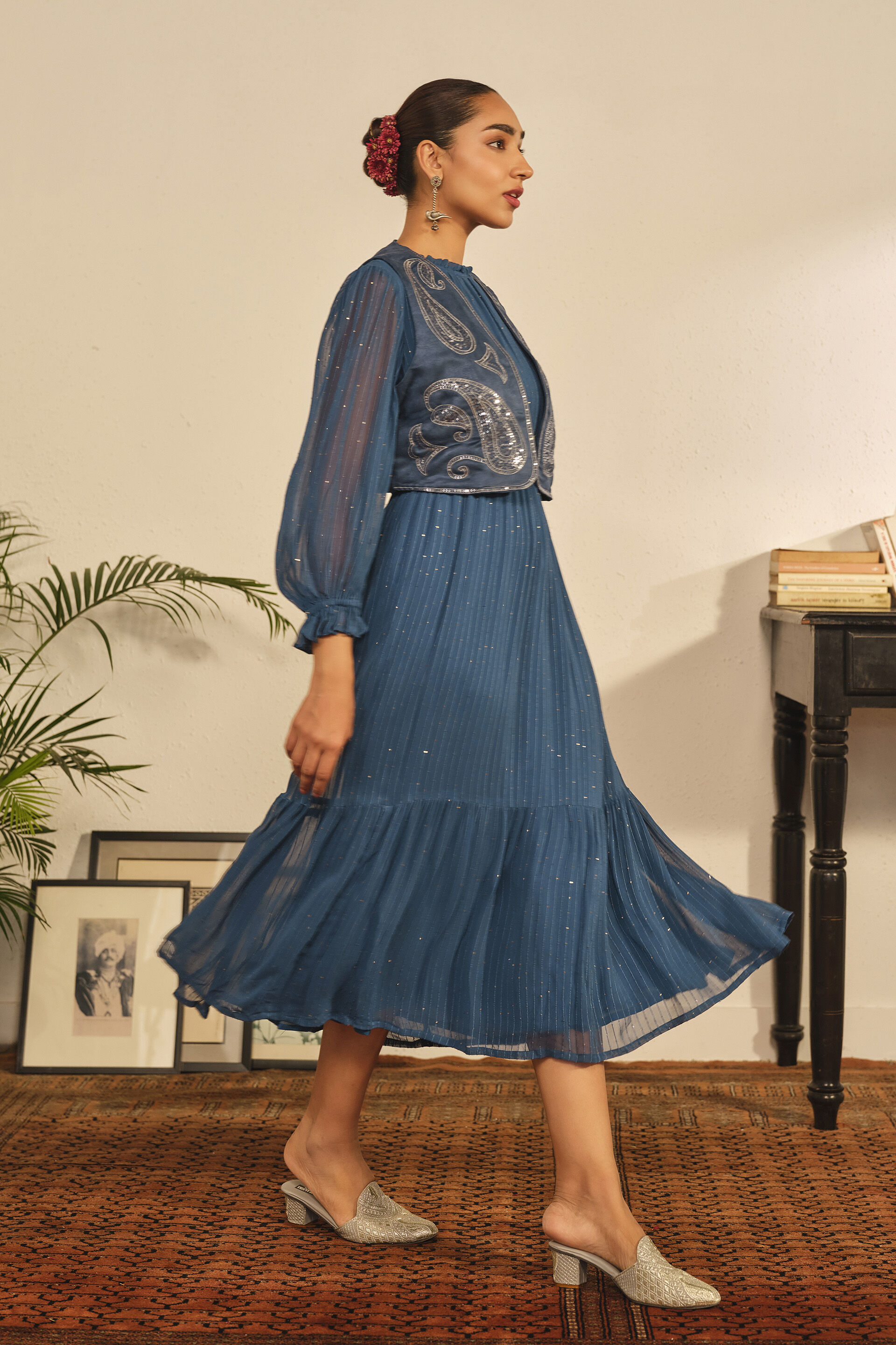 Embroidered Dress Set in Blue, Blue, image 5